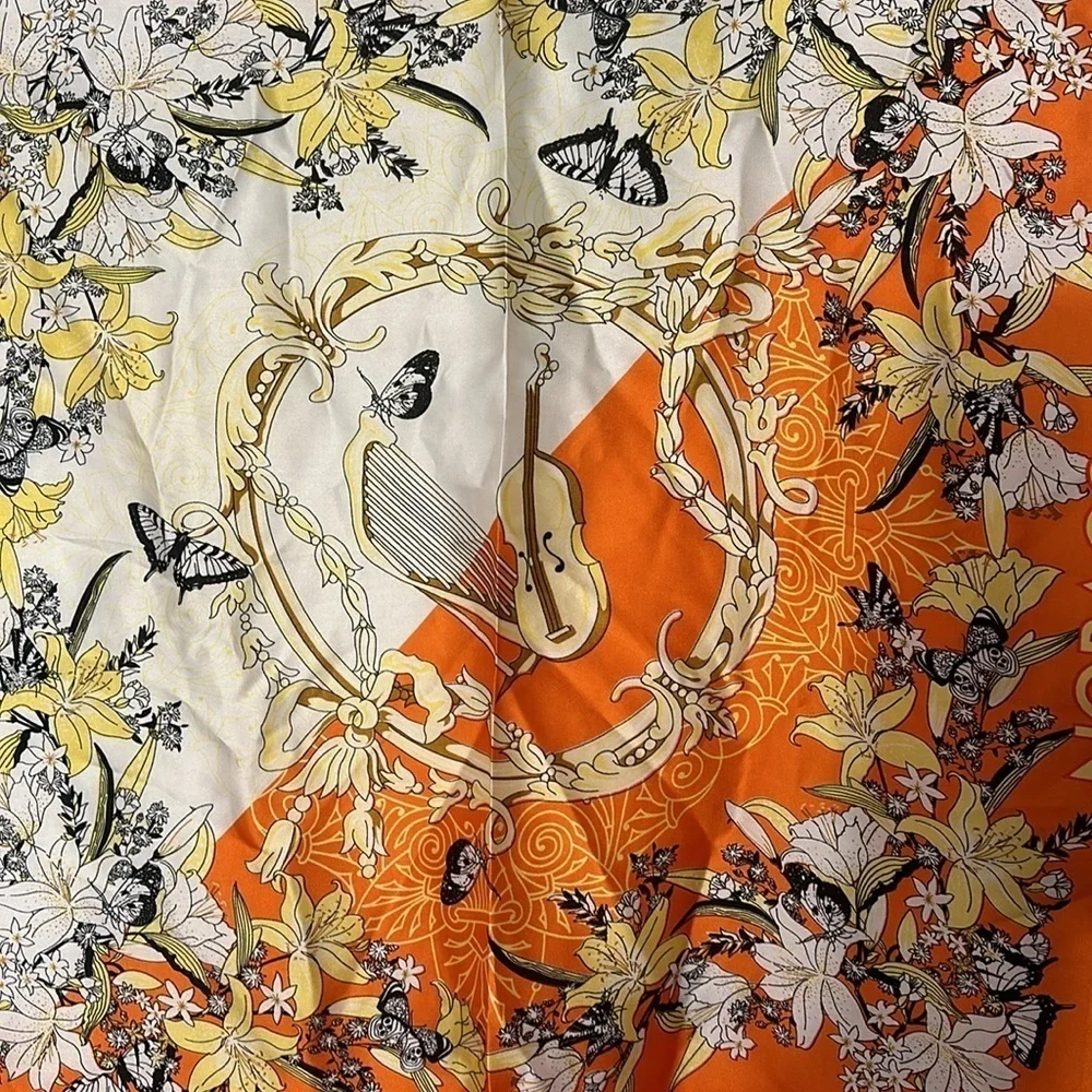 Vintage NORACORA Violin, Butterflies Print Orange Silk Square Scarf, 21